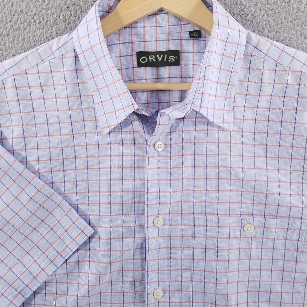 Orvis Shirt Mens XL Blue Plaid Wrinkle Free Short Sleeve Windowpane Outdoor